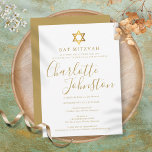 Bat Mitzvah, Bar Mitzvah Modern Gold Script Kaart<br><div class="desc">Met de naam van de gouden scripthandtekening. Pas uw speciale informatie voor Bat of Bar Mitzvah aan in het chic gold lettering op dit stijlvolle ontwerp. Ontworpen door: Thisnotme©</div>