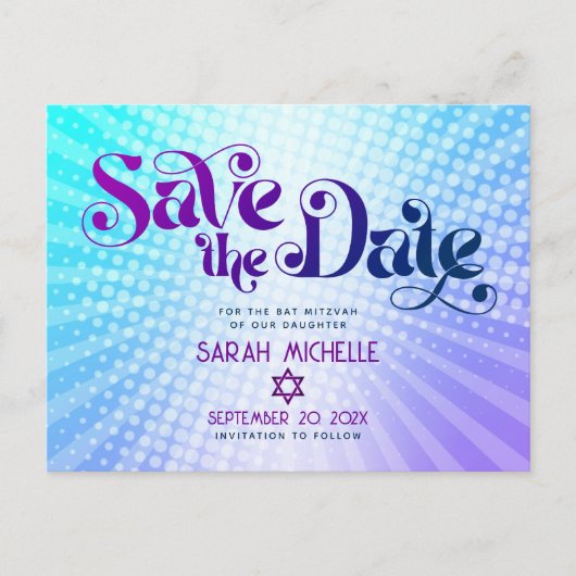 Bat Mitzvah Bewaar de datum Retro Blue Paarse Ombr Uitnodiging Briefkaart (Voorkant)