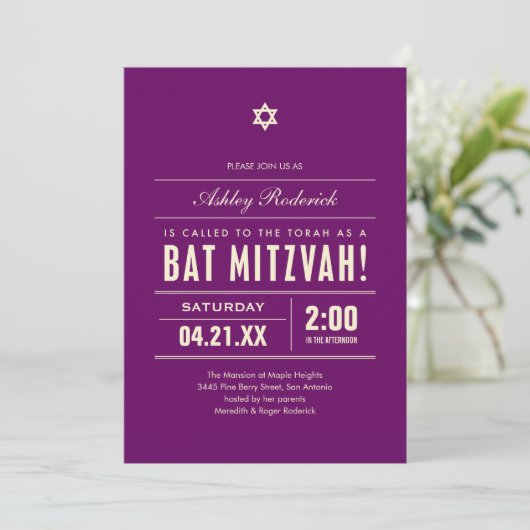 Bat Mitzvah Big Type Invitaties Kaart (Staand voorkant)