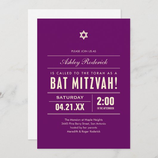 Bat Mitzvah Big Type Invitaties Kaart (Voorkant / Achterkant)