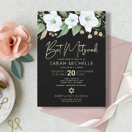 Bat Mitzvah Black Gold Floral Waterverf Script Kaart