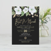 Bat Mitzvah Black Gold Floral Waterverf Script Kaart (Staand voorkant)