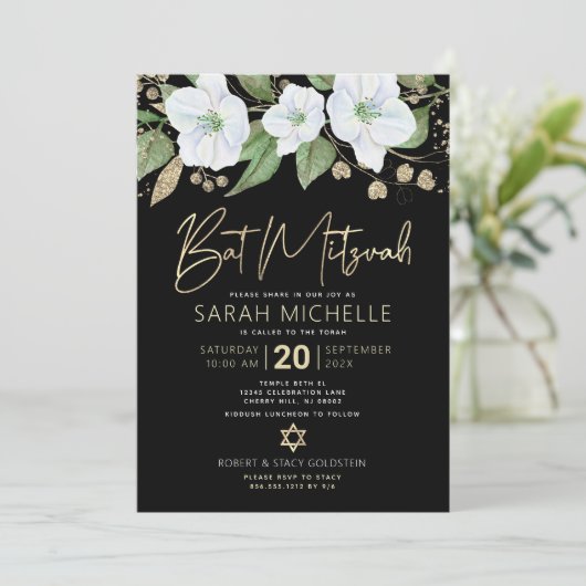 Bat Mitzvah Black Gold Floral Waterverf Script Kaart (Staand voorkant)
