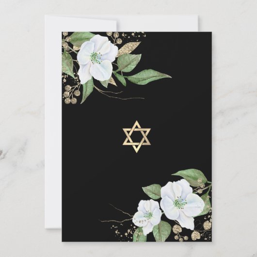Bat Mitzvah Black Gold Floral Waterverf Script Kaart (Achterkant)