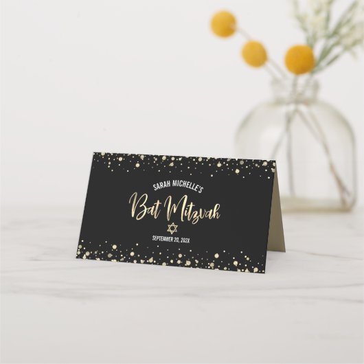 Bat Mitzvah Black Gold Foil Script voor Confetti M Plaatskaartje (Achterkant)