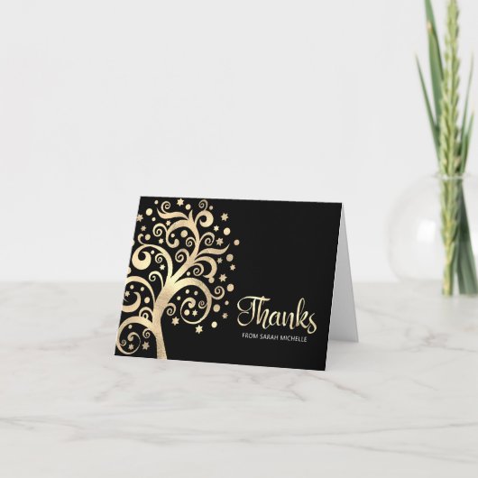 Bat Mitzvah Black Gold Foil Tree of Life Script Bedankkaart (Voorkant)