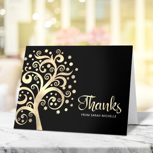 Bat Mitzvah Black Gold Foil Tree of Life Script Bedankkaart