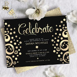 Bat Mitzvah Black Gold Foil Tree of Life Script Informatiekaartje<br><div class="desc">Wees trots, blij en toon deze mijlpaal van je favoriete Bat Mitzvah! Deze verbluffende, geavanceerde, gepersonaliseerde partijinformatiekaart is het perfecte tussenstuk voor deze speciale gelegenheid. Grafische faux goudfolie-bomen met een dunne ster van David en puntige "bladeren", samen met een gouden foliekalligrafie, bedekken een rijke, zwarte achtergrond. Faux gold glitter confetti...</div>
