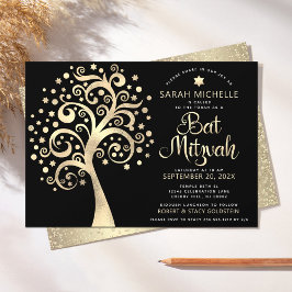 Bat Mitzvah Black Gold Foil Tree of Life Script Kaart
