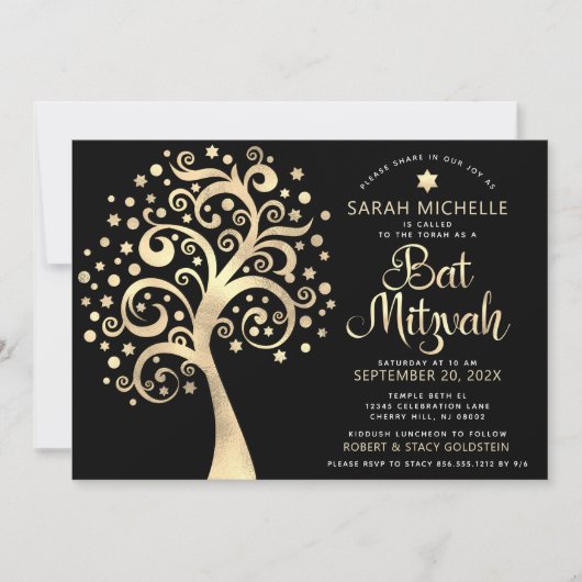 Bat Mitzvah Black Gold Foil Tree of Life Script Kaart (Voorkant)
