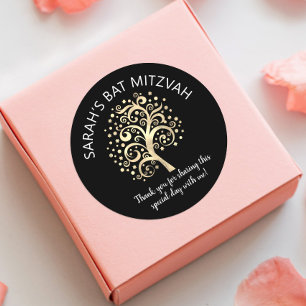 Bat Mitzvah Black Gold Foil Tree of Life Script Ronde Sticker