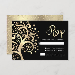 Bat Mitzvah Black Gold Foil Tree of Life Script RSVP Kaartje