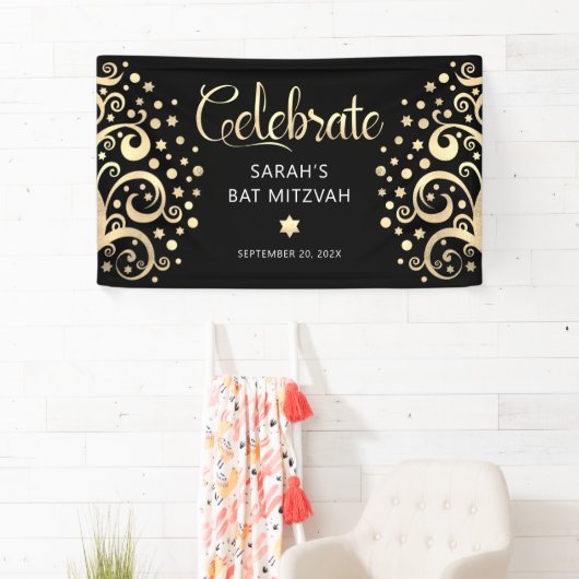 Bat Mitzvah Black Gold Foil Tree of Life Script Spandoek (Insitu)