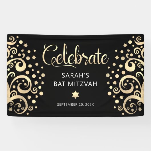 Bat Mitzvah Black Gold Foil Tree of Life Script Spandoek (Horizontaal)