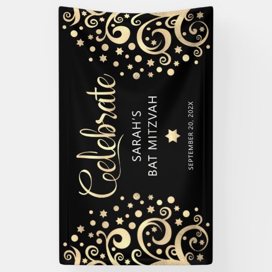 Bat Mitzvah Black Gold Foil Tree of Life Script Spandoek (Verticaal)