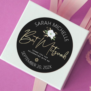 Bat Mitzvah Black Gold Script Floral Waterverf Ronde Sticker