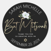 Bat Mitzvah Black Gold Script Floral Waterverf Ronde Sticker (Voorkant)