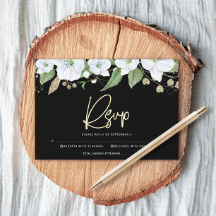 Bat Mitzvah Black Gold Script Floral Waterverf RSVP Kaartje