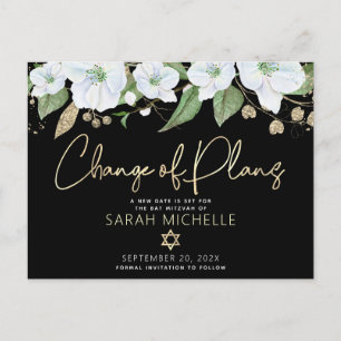 Bat Mitzvah Black Gold Script Floral Waterverf Uitnodiging Briefkaart
