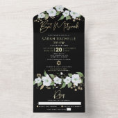 Bat Mitzvah Black Gold Script Waterverf Floral All In One Uitnodiging (Binnen)