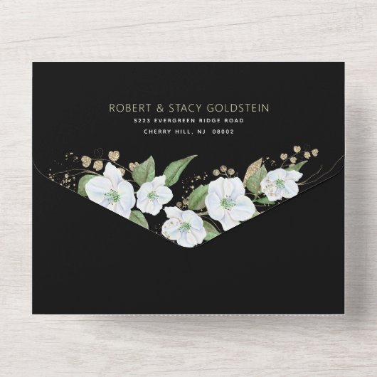 Bat Mitzvah Black Gold Script Waterverf Floral All In One Uitnodiging (Achterkant)