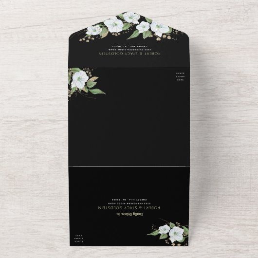 Bat Mitzvah Black Gold Script Waterverf Floral All In One Uitnodiging (Buitenkant)