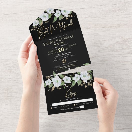 Bat Mitzvah Black Gold Script Waterverf Floral All In One Uitnodiging (Afscheurbaar)