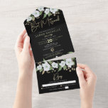 Bat Mitzvah Black Gold Script Waterverf Floral All In One Uitnodiging<br><div class="desc">Wees trots, verheug en toon deze mijlpaal van je favoriete Bat Mitzvah met deze geavanceerde, moderne, aangepaste all-in-one uitnodiging voor een evenement dat je moet onthouden. Een smakelijke, verbluffende, witte en goudglitterflorale waterverf, faux Gold folie script-typografie en white sans serif type bedekken een dramatische zwarte achtergrond. Dit all-in-one product is...</div>