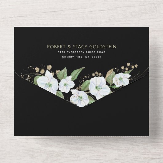 Bat Mitzvah Black Gold Script Waterverf Floral All In One Uitnodiging (Achterkant)