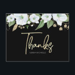 Bat Mitzvah Black Gold Script Waterverf Floral Briefkaart<br><div class="desc">Zorg ervoor dat je favoriete Bat Mitzvah haar waardering show aan iedereen die haar mijlpaalevenement heeft ondersteund! Stuur dit verfijnde, gepersonaliseerde dank u briefkaart! Een chique, prachtige, witte en gouden glitter floral waterverf met faux gold folie script typografie en wit san serif type overlays een dramatische zwarte achtergrond. Een gouden...</div>