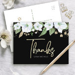 Bat Mitzvah Black Gold Script Waterverf Floral Briefkaart<br><div class="desc">Zorg ervoor dat je favoriete Bat Mitzvah haar waardering show aan iedereen die haar mijlpaalevenement heeft ondersteund! Stuur dit verfijnde, gepersonaliseerde dank u briefkaart! Een chique, prachtige, witte en gouden glitter floral waterverf met faux gold folie script typografie en wit san serif type overlays een dramatische zwarte achtergrond. Een gouden...</div>