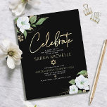 Bat Mitzvah Black Gold Script Waterverf Floral Informatiekaartje<br><div class="desc">Wees trots, blij en toon deze mijlpaal van je favoriete Bat Mitzvah! Omvat dit moderne, dunne, gepersonaliseerde tussenvoegsel voor extra informatie aan uw gebeurtenis. Een schitterende, witte en goudglitterflorale waterverf met faux Gold foil scripttypografie en een witte san serif bekleedt een dramatische zwarte achtergrond. Extra waterverf bloemen en een gouden...</div>