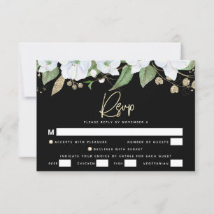 Bat Mitzvah Black Gold Script Waterverf Floral RSVP Kaartje
