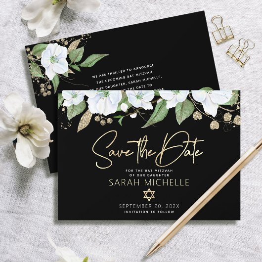 Bat Mitzvah Black Gold Script Waterverf Floral Save The Date