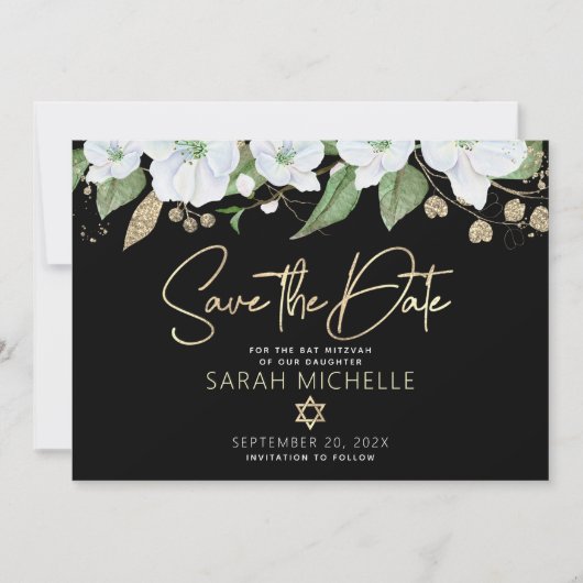 Bat Mitzvah Black Gold Script Waterverf Floral Save The Date (Voorkant)