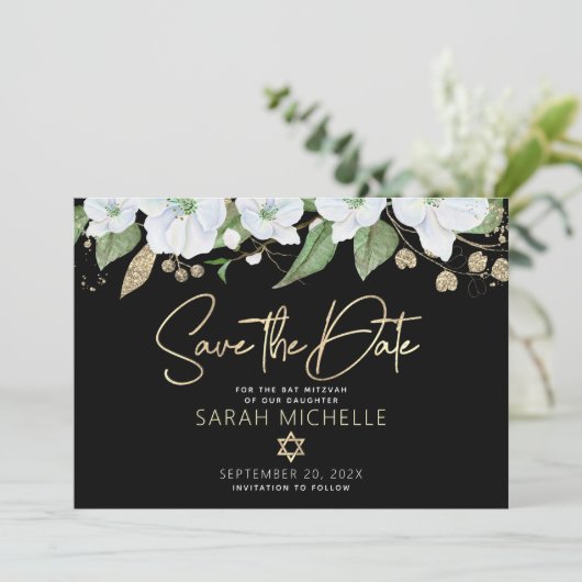 Bat Mitzvah Black Gold Script Waterverf Floral Save The Date (Staand voorkant)