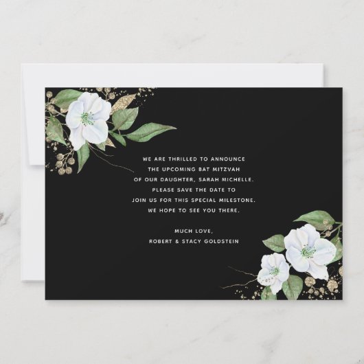 Bat Mitzvah Black Gold Script Waterverf Floral Save The Date (Achterkant)
