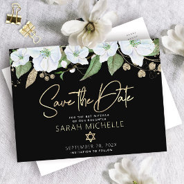 Bat Mitzvah Black Gold Script Waterverf Floral Uitnodiging Briefkaart