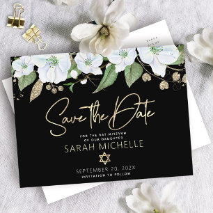 Bat Mitzvah Black Gold Script Waterverf Floral Uitnodiging Briefkaart