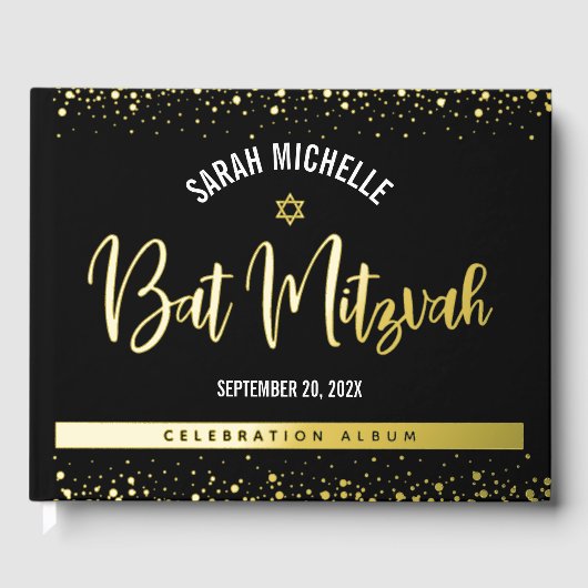 Bat Mitzvah Black Script Modern Real Gold Folie Gastenboek (Voorkant)