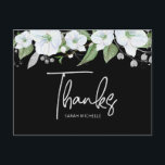 Bat Mitzvah Black Silver Script Floral bedankt Briefkaart<br><div class="desc">Zorg ervoor dat je favoriete Bat Mitzvah haar waardering show aan iedereen die haar mijlpaalevenement heeft ondersteund! Stuur dit verfijnde, gepersonaliseerde dank u briefkaart! Een chique, prachtige, witte en gouden glitter floral waterverf met faux gold folie script typografie en wit san serif type overlays een dramatische zwarte achtergrond. Een gouden...</div>