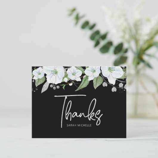 Bat Mitzvah Black Silver Script Floral bedankt Briefkaart (Staand voorkant)