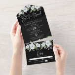 Bat Mitzvah Black Silver Script Floral Waterverf All In One Uitnodiging<br><div class="desc">Wees trots, verheug en toon deze mijlpaal van je favoriete Bat Mitzvah met deze geavanceerde, moderne, aangepaste all-in-one uitnodiging voor een evenement dat je moet onthouden. Een prachtige, verbluffende, witte en zilveren glitterflorale waterverf, faux Silver folie scripttypografie en witte zans serif bedekken een dramatische zwarte achtergrond. Dit all-in-one product is...</div>