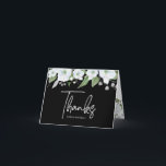 Bat Mitzvah Black Silver Script Floral Waterverf Bedankkaart<br><div class="desc">Zorg ervoor dat je favoriete Bat Mitzvah haar waardering show aan iedereen die haar mijlpaalevenement heeft ondersteund! Stuur deze verfijnde, gepersonaliseerde bedankkaart! Een chique, prachtige, witte en faux silver glitter floral waterverf, faux silver folie handgeschreven script en white sans serif typografie overlay een dramatische zwarte achtergrond. Extra waterverf bloemen en...</div>