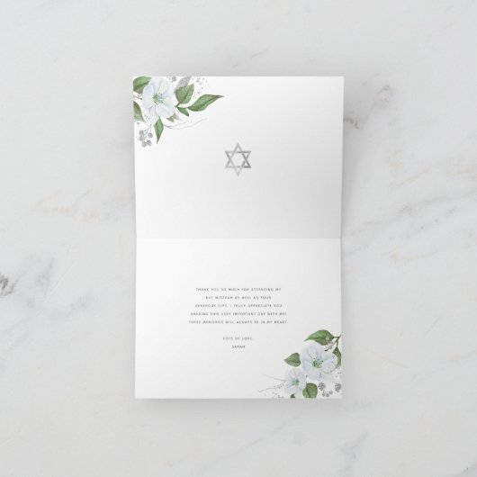 Bat Mitzvah Black Silver Script Floral Waterverf Bedankkaart (Binnen)