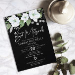 Bat Mitzvah Black Silver Script Floral Waterverf Kaart<br><div class="desc">Wees trots, blij en toon deze mijlpaal van je favoriete Bat Mitzvah met deze geavanceerde, persoonlijke uitnodiging! Een prachtige, wonderbaarlijke, witte en faux zilveren glitter florale waterverf met faux Silver folie scripttypografie en een witte zans serif type bedekt een dramatische zwarte achtergrond. Extra waterverf bloemen en een zilveren ster van...</div>