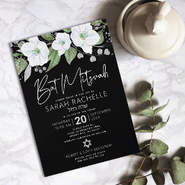 Bat Mitzvah Black Silver Script Floral Waterverf Kaart