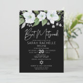 Bat Mitzvah Black Silver Script Floral Waterverf Kaart (Staand voorkant)