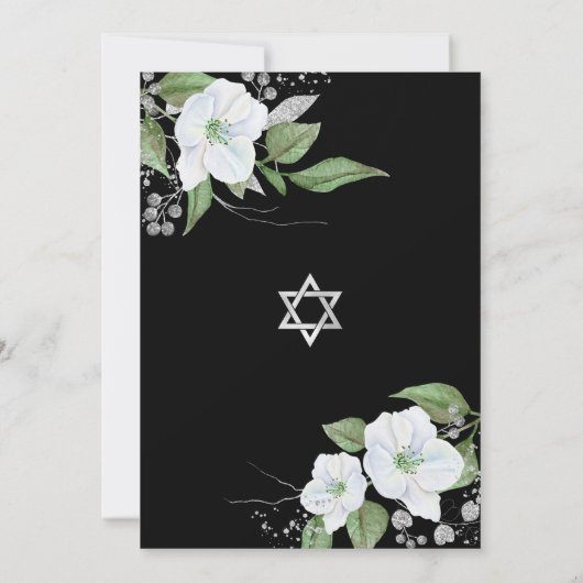 Bat Mitzvah Black Silver Script Floral Waterverf Kaart (Achterkant)