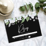 Bat Mitzvah Black Silver Script Floral Waterverf RSVP Kaartje<br><div class="desc">Wees trots, verheug en vier deze mijlpaal van je favoriete Bat Mitzvah met deze geavanceerde, gepersonaliseerde RSVP-invoegkaart voor je evenement! Een schitterende, witte en goudglitterflorale waterverf met faux Silver folie kalligrafie scripttypografie en een witte sans serif type bedekt een dramatische zwarte achtergrond. Extra waterverf bloemen en een zilveren ster van...</div>